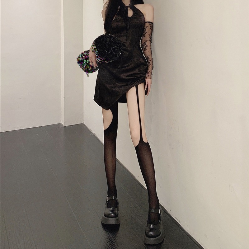 Mrežaste čarape s garterom i dizajnom lubanje, Lolita stil (Materijal: poliester-pamuk; Funkcija: protiv trenja; Debljina: tanka; Stil: Lolita)