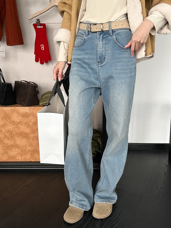 Τζιν με επένδυση φλίς, ζεστά, υψηλή μέση, ευρύ παντελόνι, μείγμα βαμβακιού-πολυεστέρα, χειμώνας 2025