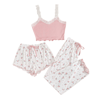 Damski kućni pidžama set s naramenicama i hlačama, cvjetni uzorak, poliester 90–95%, srednje gustoće 181–200 g/m², bez ovratnika