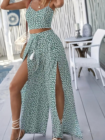 Dvodjelni set: top bez rukava s V-izrezom + hlače visokog struka s prorezom, šumski cvjetni uzorak, poliester 95%+