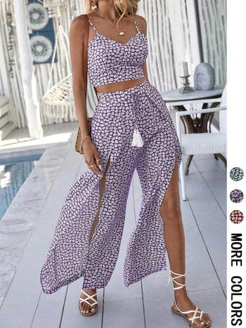 Dvodjelni set: top bez rukava s V-izrezom + hlače visokog struka s prorezom, šumski cvjetni uzorak, poliester 95%+