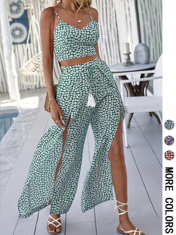 Dvodjelni set: top bez rukava s V-izrezom + hlače visokog struka s prorezom, šumski cvjetni uzorak, poliester 95%+