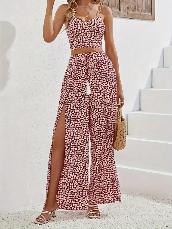 Dvodjelni set: top bez rukava s V-izrezom + hlače visokog struka s prorezom, šumski cvjetni uzorak, poliester 95%+