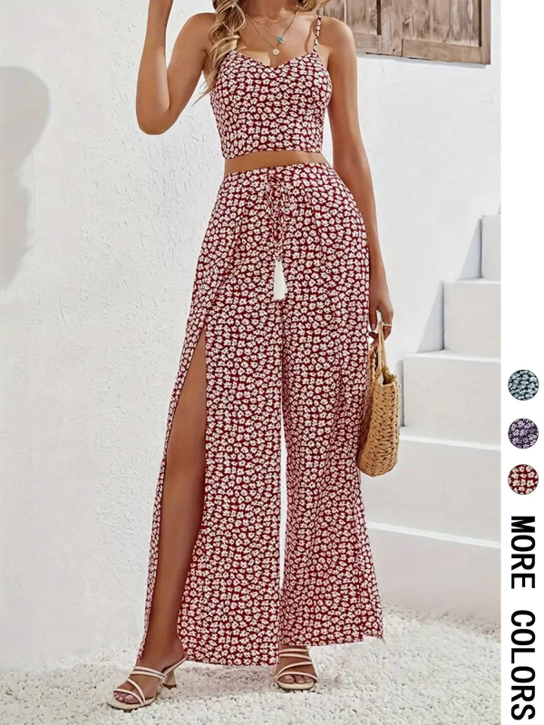 Dvodjelni set: top bez rukava s V-izrezom + hlače visokog struka s prorezom, šumski cvjetni uzorak, poliester 95%+