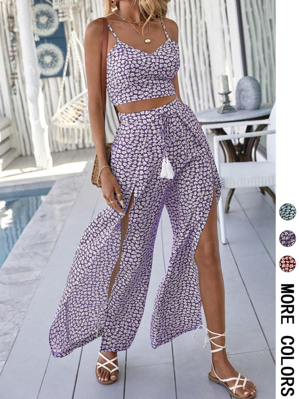Dvodjelni set: top bez rukava s V-izrezom + hlače visokog struka s prorezom, šumski cvjetni uzorak, poliester 95%+