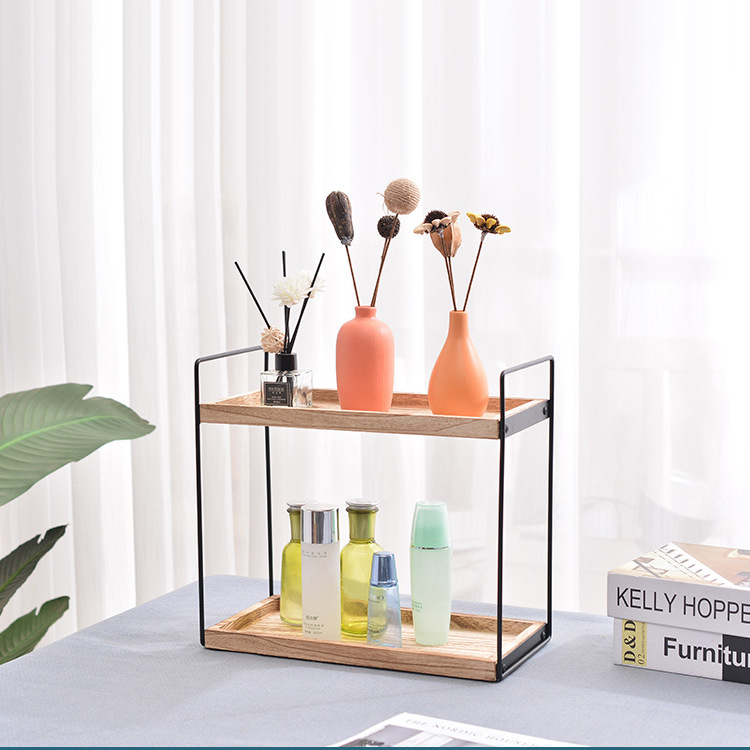 Dvoslojni stolni nosač za pohranu od željeza i paulownije, moderni minimalistički stil, višestruka upotreba