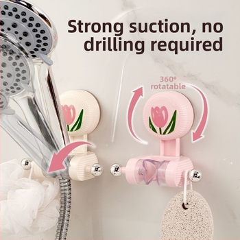 Sieninis ABS dušo laikiklis su tulpių formos siurbimo kilpa, reguliuojama apačia, be gręžimo