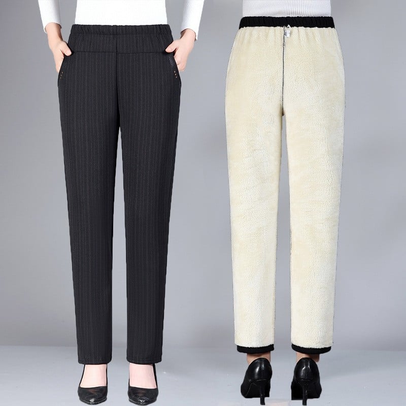 Senioru sieviešu bikses ar fleece iekšpusi, bieza, augsta vidukļa, brīvs taisns piegriezums