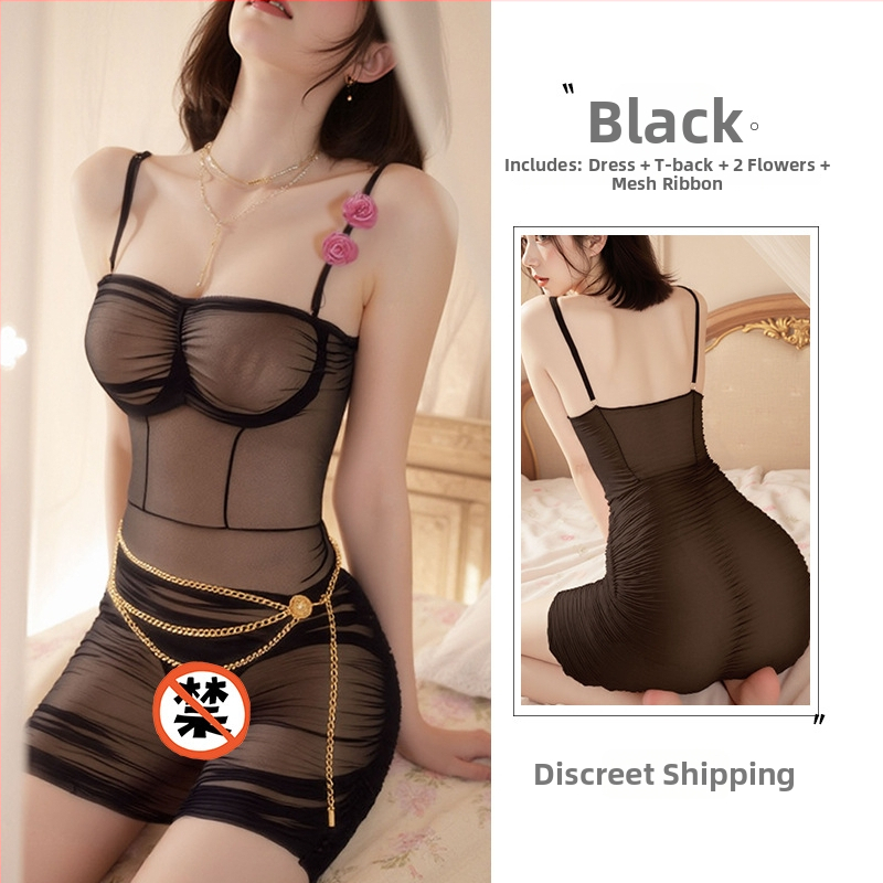 Seksi naktinė su tinkliniu audiniu ir dirželiais, permatomas poliesteris, plonas audinys, pagrindinis audinys 90–95% poliesterio, Prekės Nr. 5006, Išleidimas Žiemą 2025