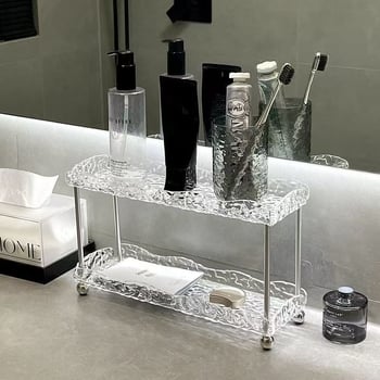 Raft plastic pentru depozitare cosmetice pentru blat de baie – suport de perete atârnat, stil etnic, cu două niveluri, fără montaj