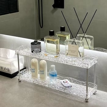 Raft plastic pentru depozitare cosmetice pentru blat de baie – suport de perete atârnat, stil etnic, cu două niveluri, fără montaj