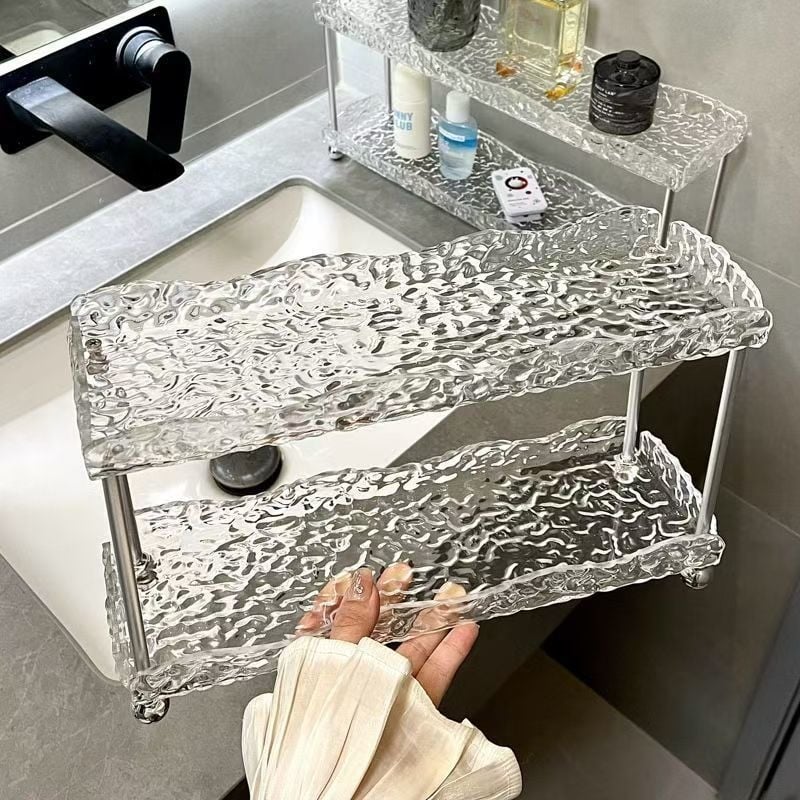 Raft plastic pentru depozitare cosmetice pentru blat de baie – suport de perete atârnat, stil etnic, cu două niveluri, fără montaj