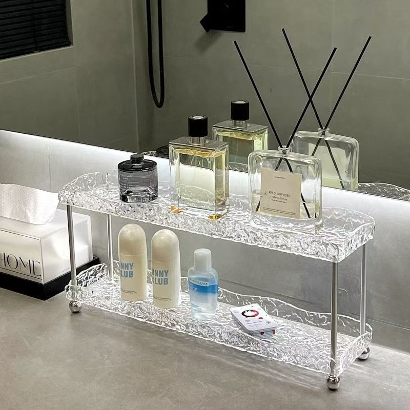 Raft plastic pentru depozitare cosmetice pentru blat de baie – suport de perete atârnat, stil etnic, cu două niveluri, fără montaj