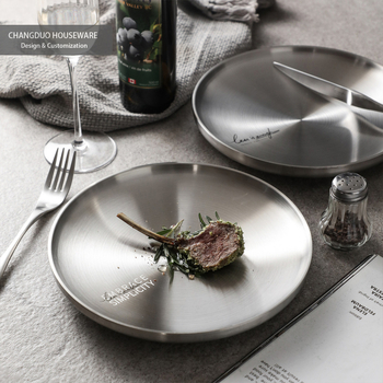 Farfurie din oțel inoxidabil mat, cu două straturi, pentru friptură și paste, rotundă, compatibilă cu cuptorul cu microunde, veselă de masă modernă