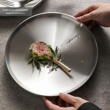 Farfurie din oțel inoxidabil mat, cu două straturi, pentru friptură și paste, rotundă, compatibilă cu cuptorul cu microunde, veselă de masă modernă