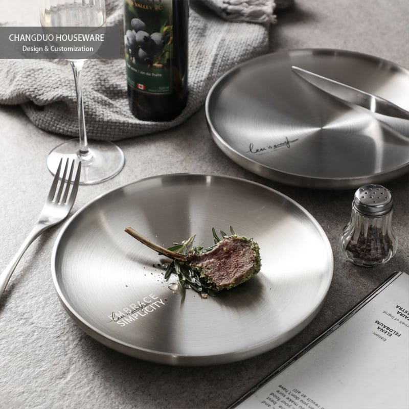 Farfurie din oțel inoxidabil mat, cu două straturi, pentru friptură și paste, rotundă, compatibilă cu cuptorul cu microunde, veselă de masă modernă