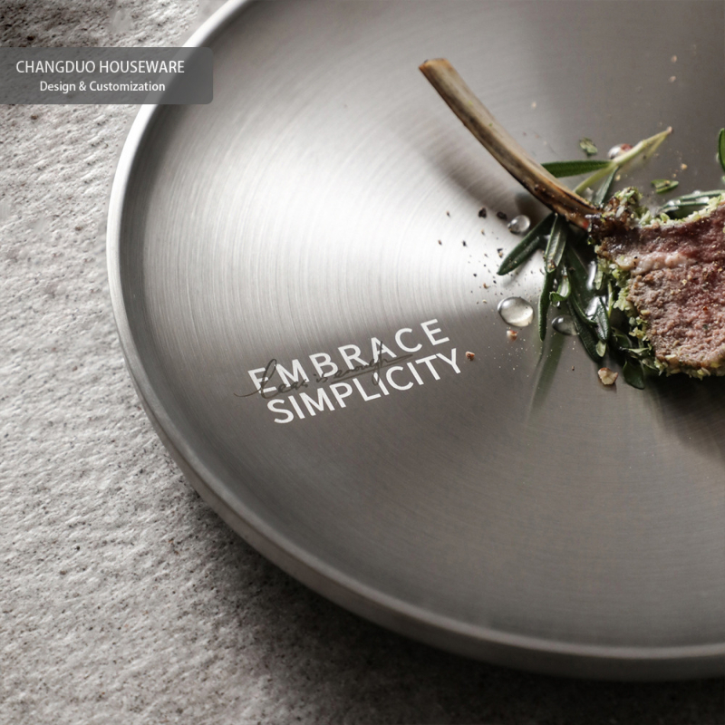 Farfurie din oțel inoxidabil mat, cu două straturi, pentru friptură și paste, rotundă, compatibilă cu cuptorul cu microunde, veselă de masă modernă