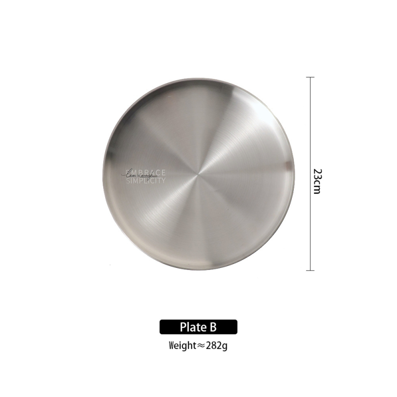 Farfurie din oțel inoxidabil mat, cu două straturi, pentru friptură și paste, rotundă, compatibilă cu cuptorul cu microunde, veselă de masă modernă