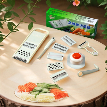 Daugelio funkcijų daržovių pjaustytuvas su tarkavimo, plokščių pjaustymo, bulvių skrebučių, vaisių pjaustymo ir rankos apsaugos priedais; privatūs ženklinimo variantai