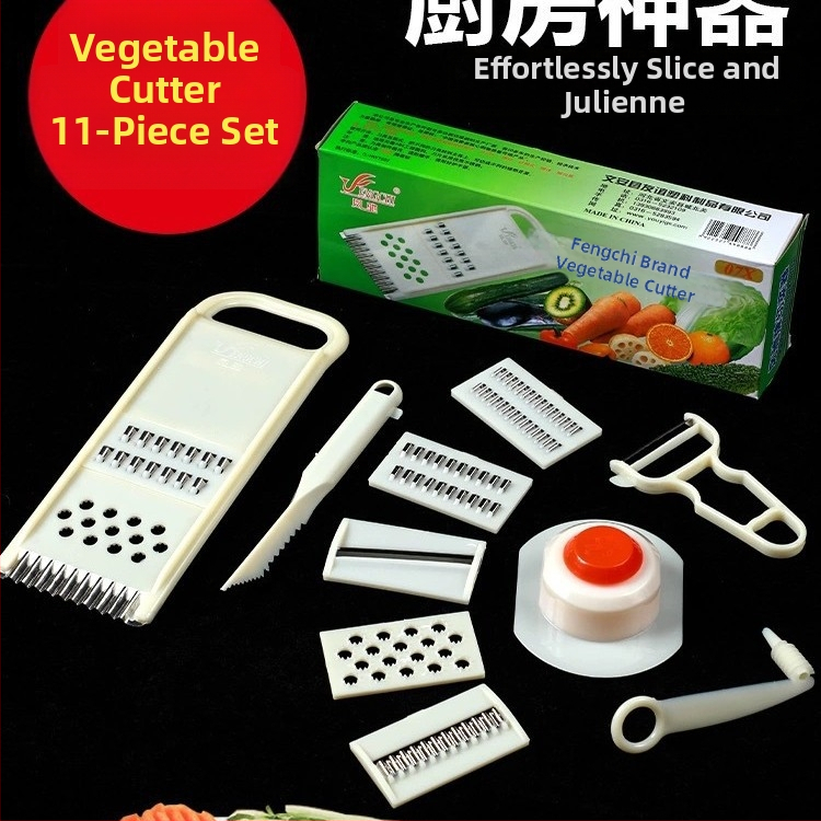 Daugelio funkcijų daržovių pjaustytuvas su tarkavimo, plokščių pjaustymo, bulvių skrebučių, vaisių pjaustymo ir rankos apsaugos priedais; privatūs ženklinimo variantai