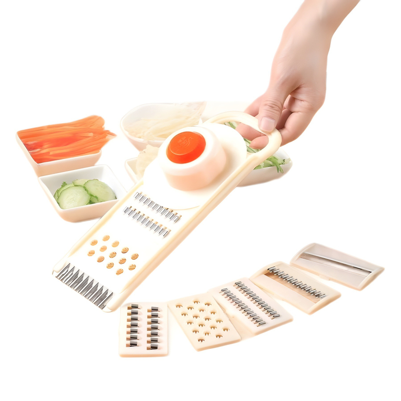 Multifunkcionális zöldségvágó reszelővel, szeletelővel, burgonyaszeletelővel, gyümölcsvágóval és kézvédővel; lehetőség privát címkézésre