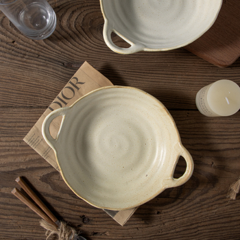 Porcelanski duboki tanjur s dva držačima uha, retro stil, nepravilnog oblika, siguran za mikrovalnu i perilicu posuđa