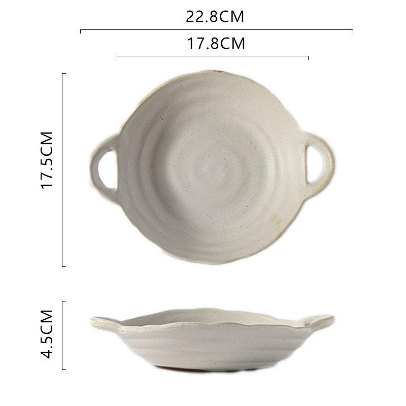 Porcelanski duboki tanjur s dva držačima uha, retro stil, nepravilnog oblika, siguran za mikrovalnu i perilicu posuđa