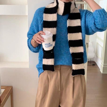 Zimski šal u korejskom stilu, pleteni od vunene smjese, s prugama blok boja i džepom za vrat