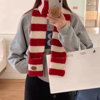 Zimski šal u korejskom stilu, pleteni od vunene smjese, s prugama blok boja i džepom za vrat