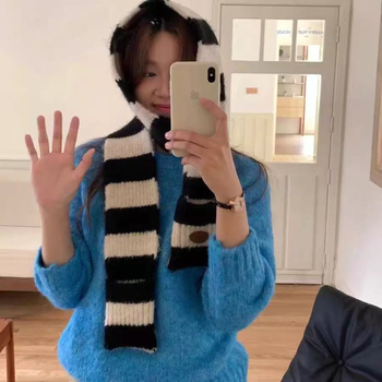 Zimski šal u korejskom stilu, pleteni od vunene smjese, s prugama blok boja i džepom za vrat