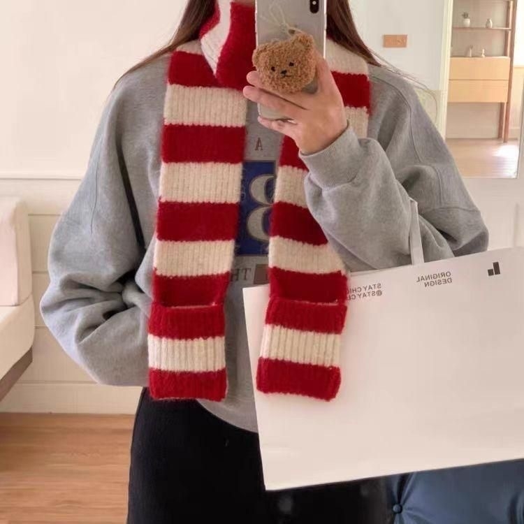 Zimski šal u korejskom stilu, pleteni od vunene smjese, s prugama blok boja i džepom za vrat