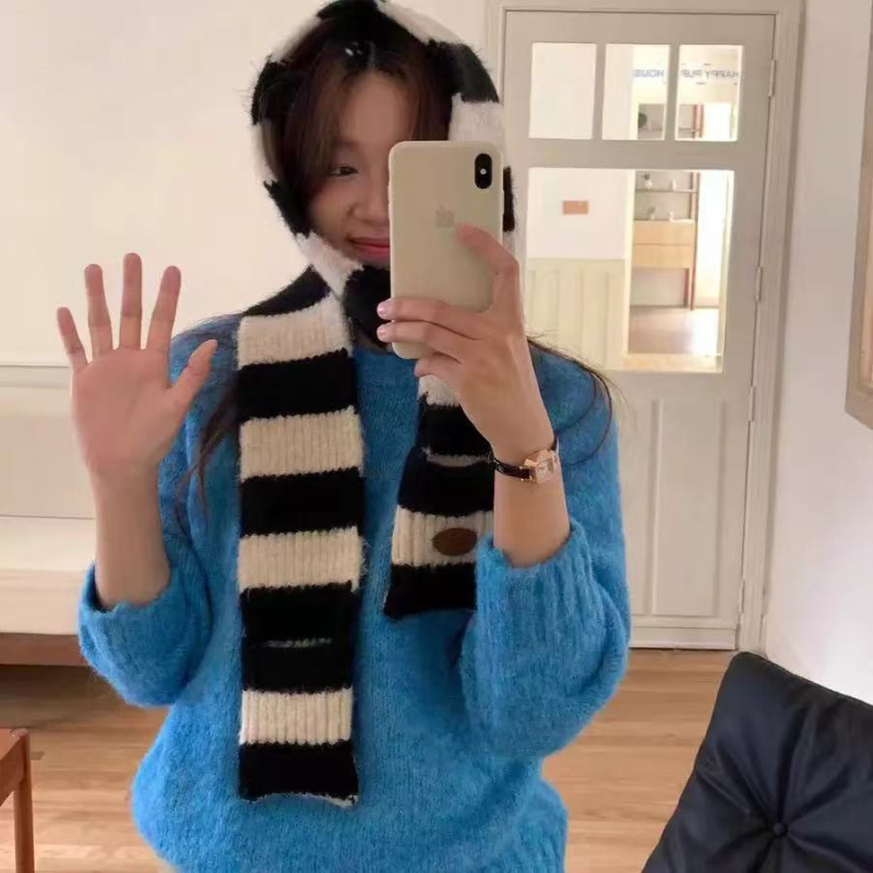 Zimski šal u korejskom stilu, pleteni od vunene smjese, s prugama blok boja i džepom za vrat