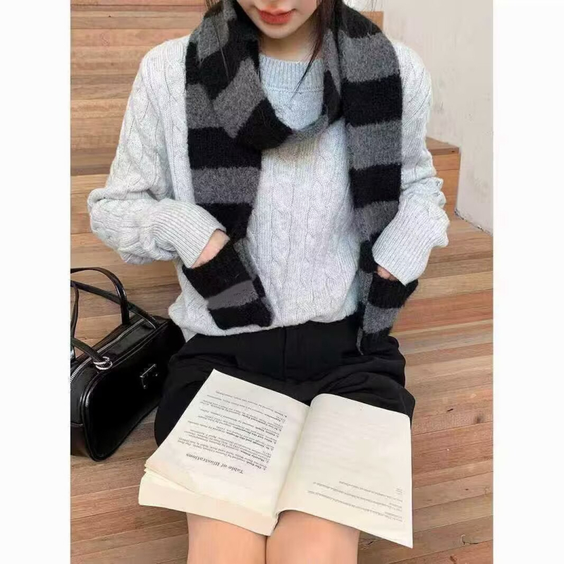 Zimski šal u korejskom stilu, pleteni od vunene smjese, s prugama blok boja i džepom za vrat