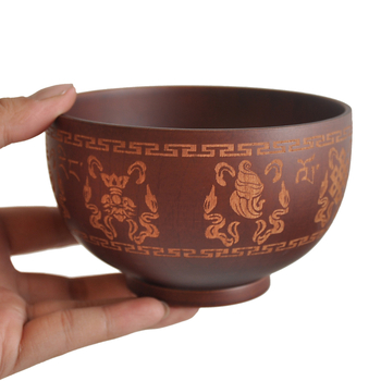 Bol de lemn - rotund, cu modelul Opt Comori Norocoase, stil etnic retro.