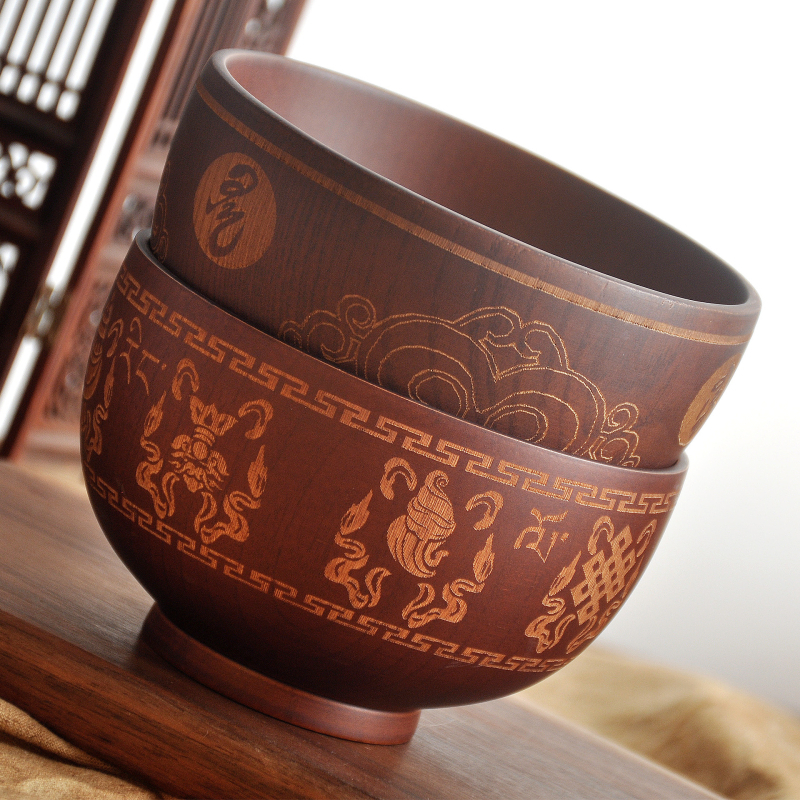 Bol de lemn - rotund, cu modelul Opt Comori Norocoase, stil etnic retro.