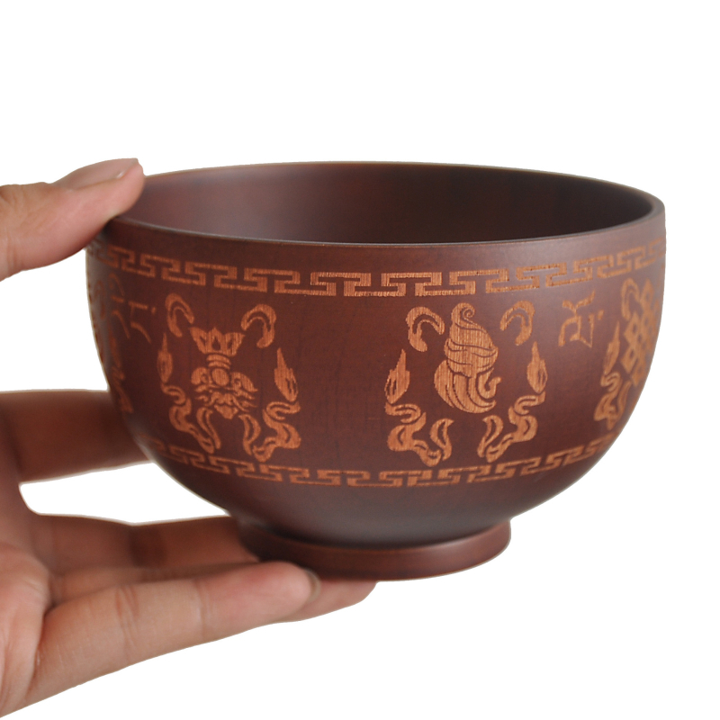 Bol de lemn - rotund, cu modelul Opt Comori Norocoase, stil etnic retro.