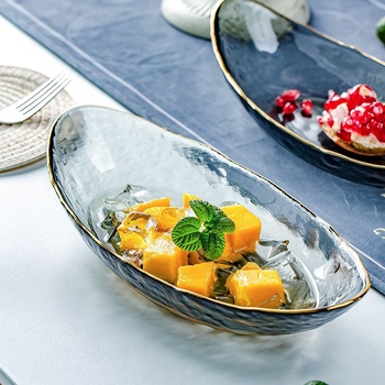 Staklena ploča u obliku broda za voće i grickalice, stolna posuda s ručno crtanim površinskim dizajnom, pogodna za voće, povrće i deserte
