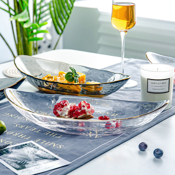 Staklena ploča u obliku broda za voće i grickalice, stolna posuda s ručno crtanim površinskim dizajnom, pogodna za voće, povrće i deserte