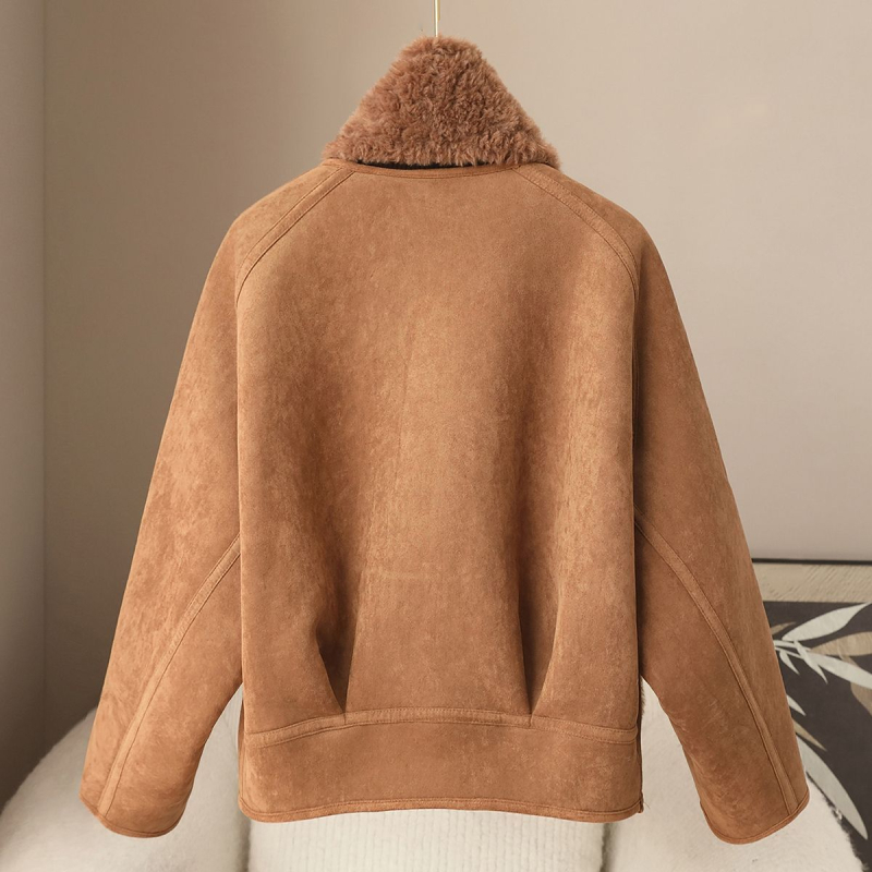 Sieviešu divpusīgs kažokādas mētelis no vilnas un poliesteres maisījuma — ziemas 2025, izsmalcināts pilsētas stils