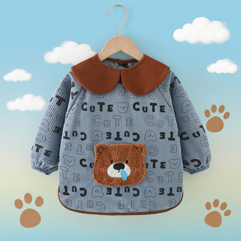 Bērnu ēdiena aizsargs ar garām piedurknēm, ūdensnecaurlaidīgs poliestera audums, karikatūras raksts, vecuma 3–8 gadi