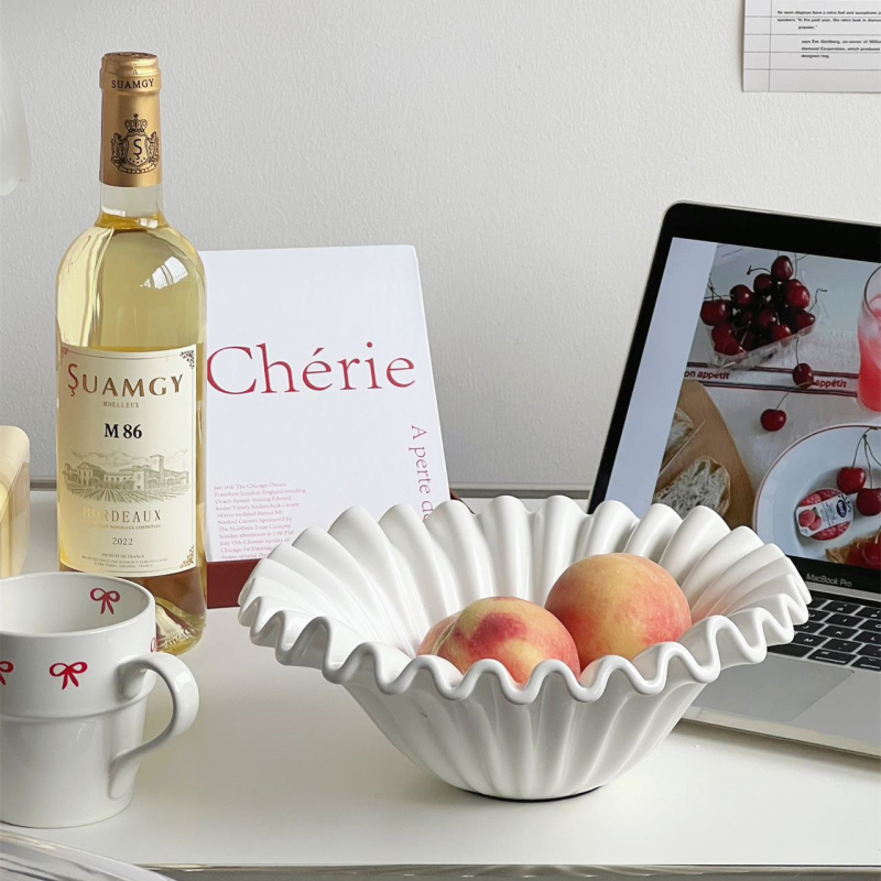 Keraminė vaisių lėkštė ir dubuo, glazūruotas, paprastas ir šiuolaikiškas dizainas su bangų raštu, skirtas stalo dekoracijai