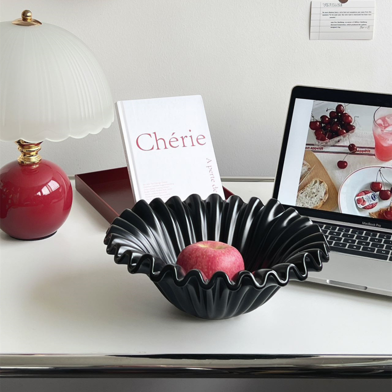 Keraminė vaisių lėkštė ir dubuo, glazūruotas, paprastas ir šiuolaikiškas dizainas su bangų raštu, skirtas stalo dekoracijai