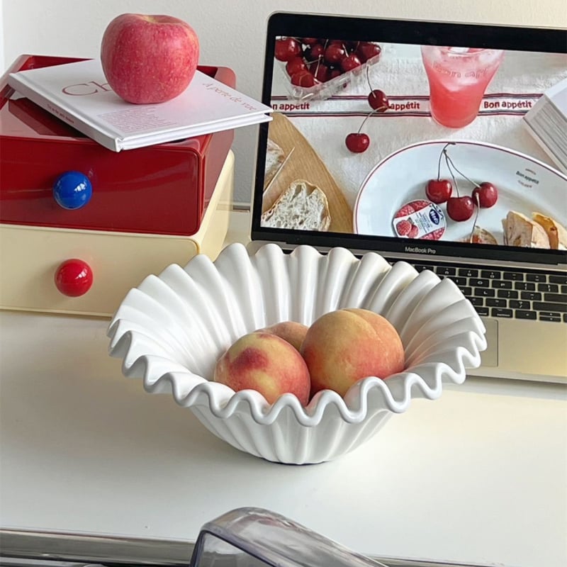 Keraminė vaisių lėkštė ir dubuo, glazūruotas, paprastas ir šiuolaikiškas dizainas su bangų raštu, skirtas stalo dekoracijai