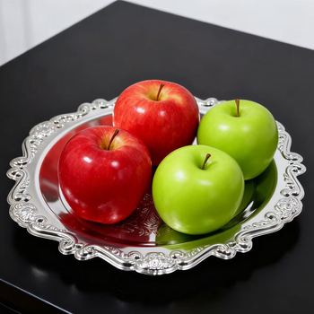 Chuang Bao kružni plitki metalni tanjur za torte, voće i deserte, s elektroplatiranim završetkom; tiskanje logotipa dostupno; prilagodba