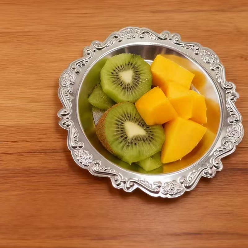 Chuang Bao kružni plitki metalni tanjur za torte, voće i deserte, s elektroplatiranim završetkom; tiskanje logotipa dostupno; prilagodba