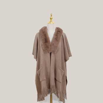 Sieviešu šalle no mākslīgā kašmīra ar pūciņām un kažokādas apkakli, dalītais šals, mrežveida raksts, warp audums, silts ziemai un rudens sezonai