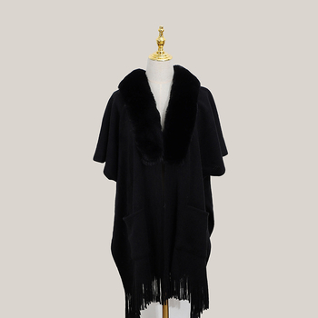 Sieviešu šalle no mākslīgā kašmīra ar pūciņām un kažokādas apkakli, dalītais šals, mrežveida raksts, warp audums, silts ziemai un rudens sezonai