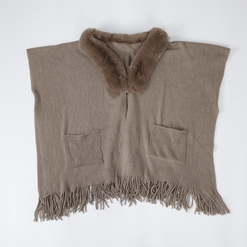 Sieviešu šalle no mākslīgā kašmīra ar pūciņām un kažokādas apkakli, dalītais šals, mrežveida raksts, warp audums, silts ziemai un rudens sezonai