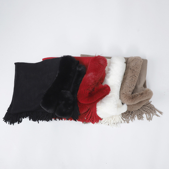 Sieviešu šalle no mākslīgā kašmīra ar pūciņām un kažokādas apkakli, dalītais šals, mrežveida raksts, warp audums, silts ziemai un rudens sezonai