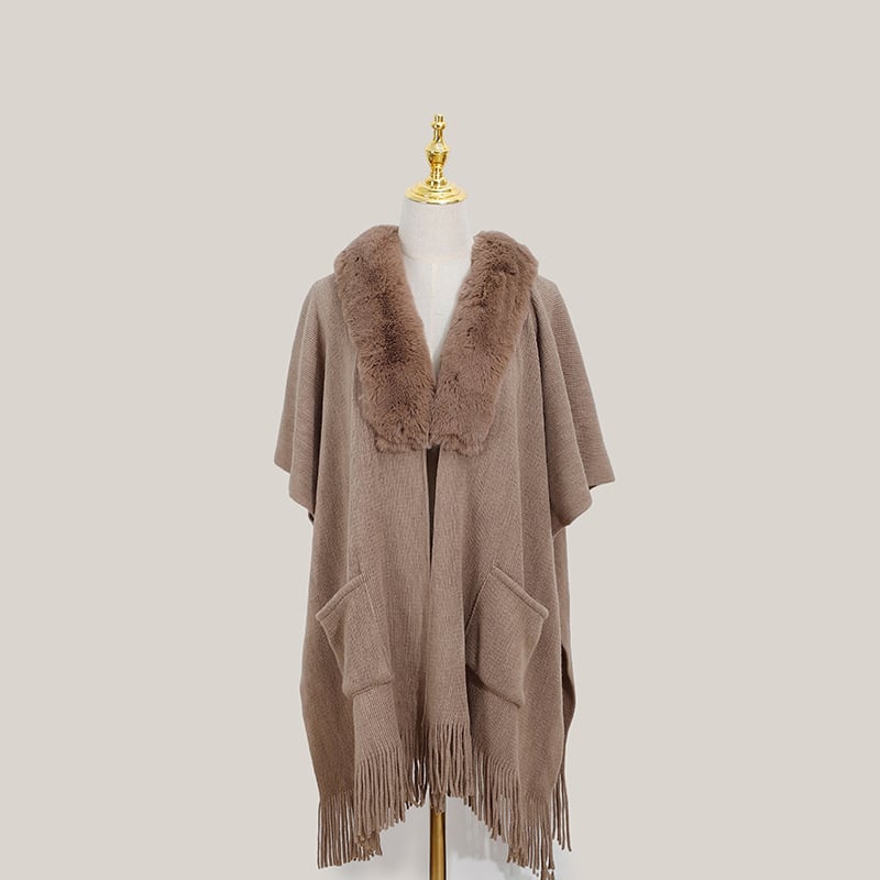 Sieviešu šalle no mākslīgā kašmīra ar pūciņām un kažokādas apkakli, dalītais šals, mrežveida raksts, warp audums, silts ziemai un rudens sezonai